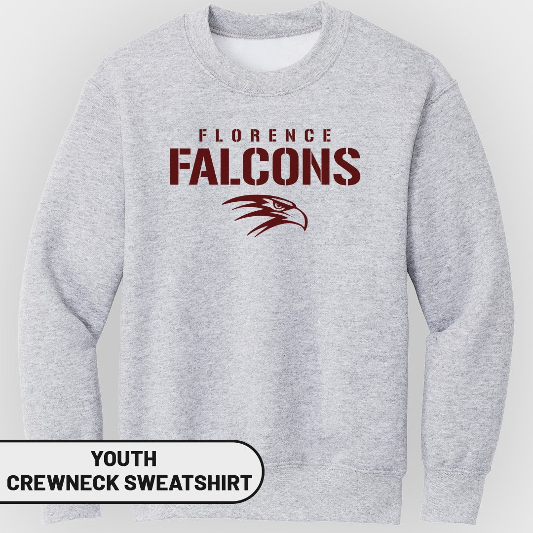 Youth crewneck sweatshirt with "Florence Falcons" text and a falcon logo.