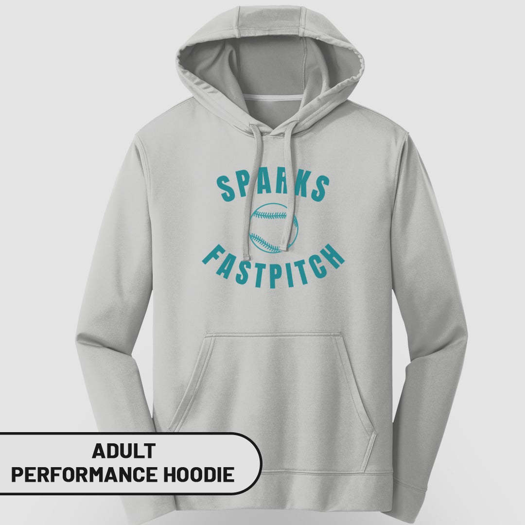 Light grey adult performance hoodie with "Sparks Fastpitch" and a baseball graphic.