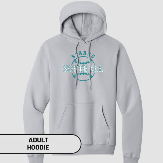 Light grey adult hoodie with "Sharks Softball" graphic across the chest.