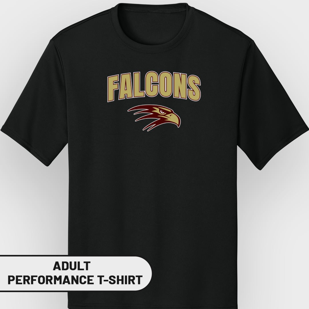 Black adult performance t-shirt with "Falcons" text and eagle graphic.