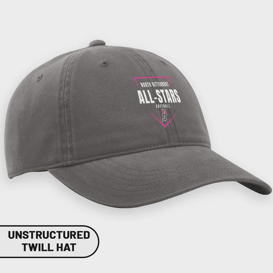 Gray unstructured twill hat with "North Bitterroot All-Stars Softball" logo.