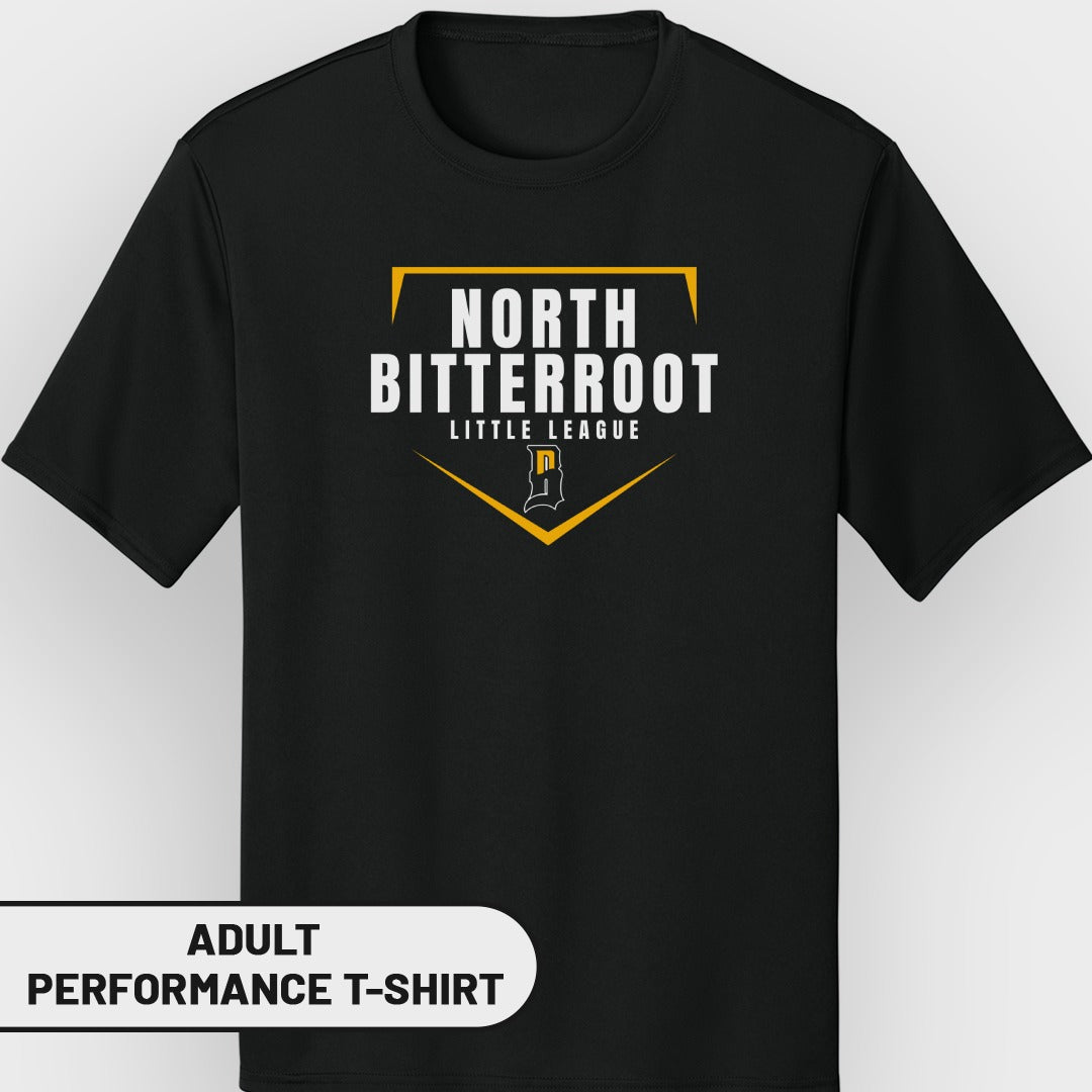 Black adult performance t-shirt with "NORTH BITTERROOT LITTLE LEAGUE" logo.