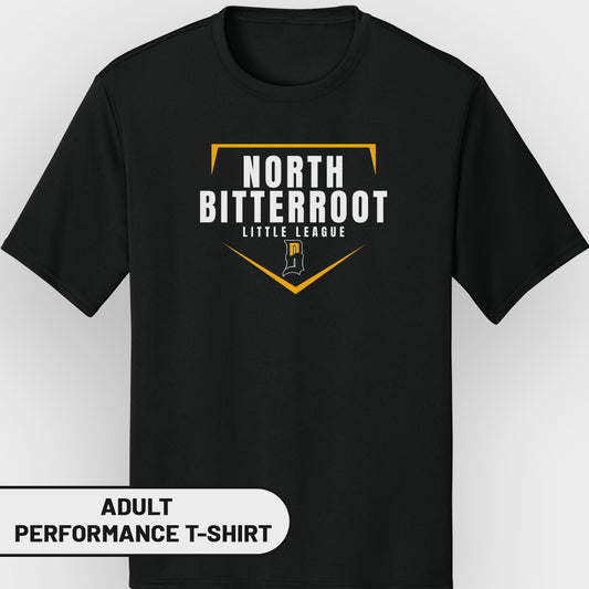 Black adult performance t-shirt with "NORTH BITTERROOT LITTLE LEAGUE" logo.