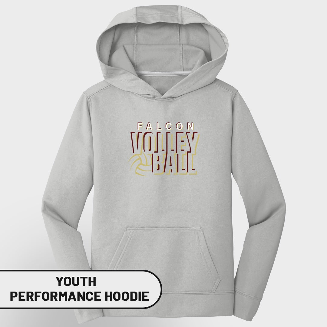 Light grey youth performance hoodie with "FALCON VOLLEYBALL" graphic.