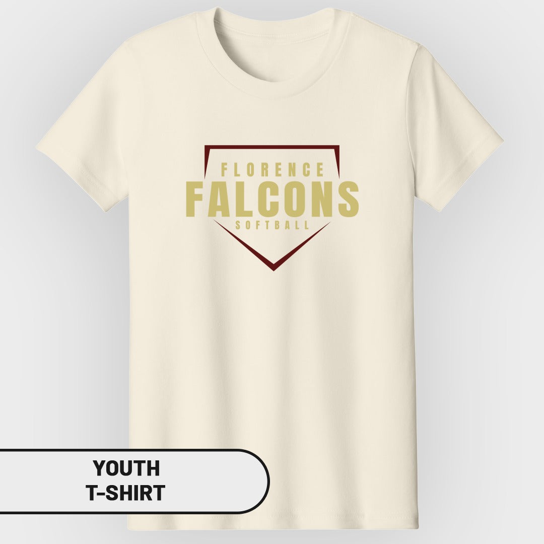 Cream youth t-shirt with "Florence Falcons Softball" logo within a home plate shape.