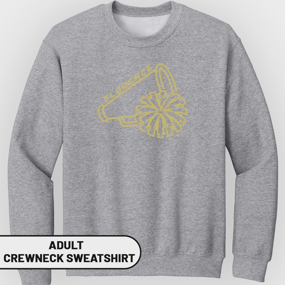 Grey adult crewneck sweatshirt with gold megaphone and pom-pom graphic.