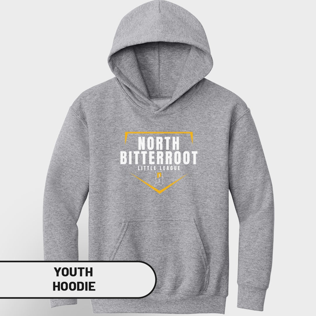 Gray youth hoodie with "North Bitterroot Little League" text on front.