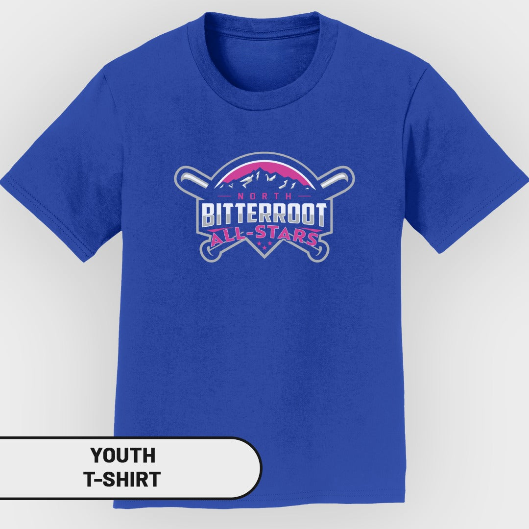 Blue youth t-shirt with "North Bitterroot All-Stars" baseball logo.