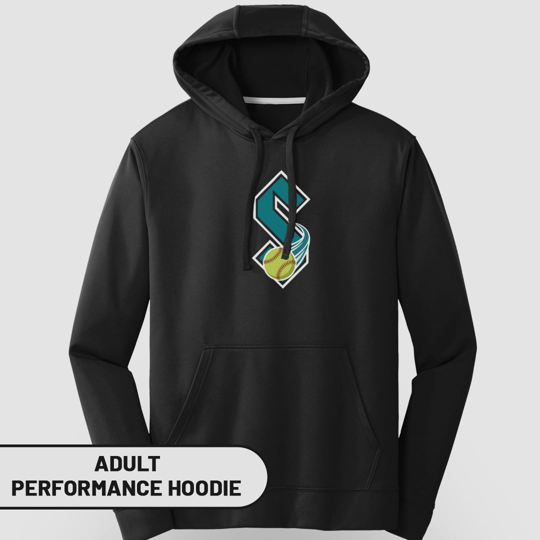 Black adult performance hoodie with "S" logo and softball graphic.