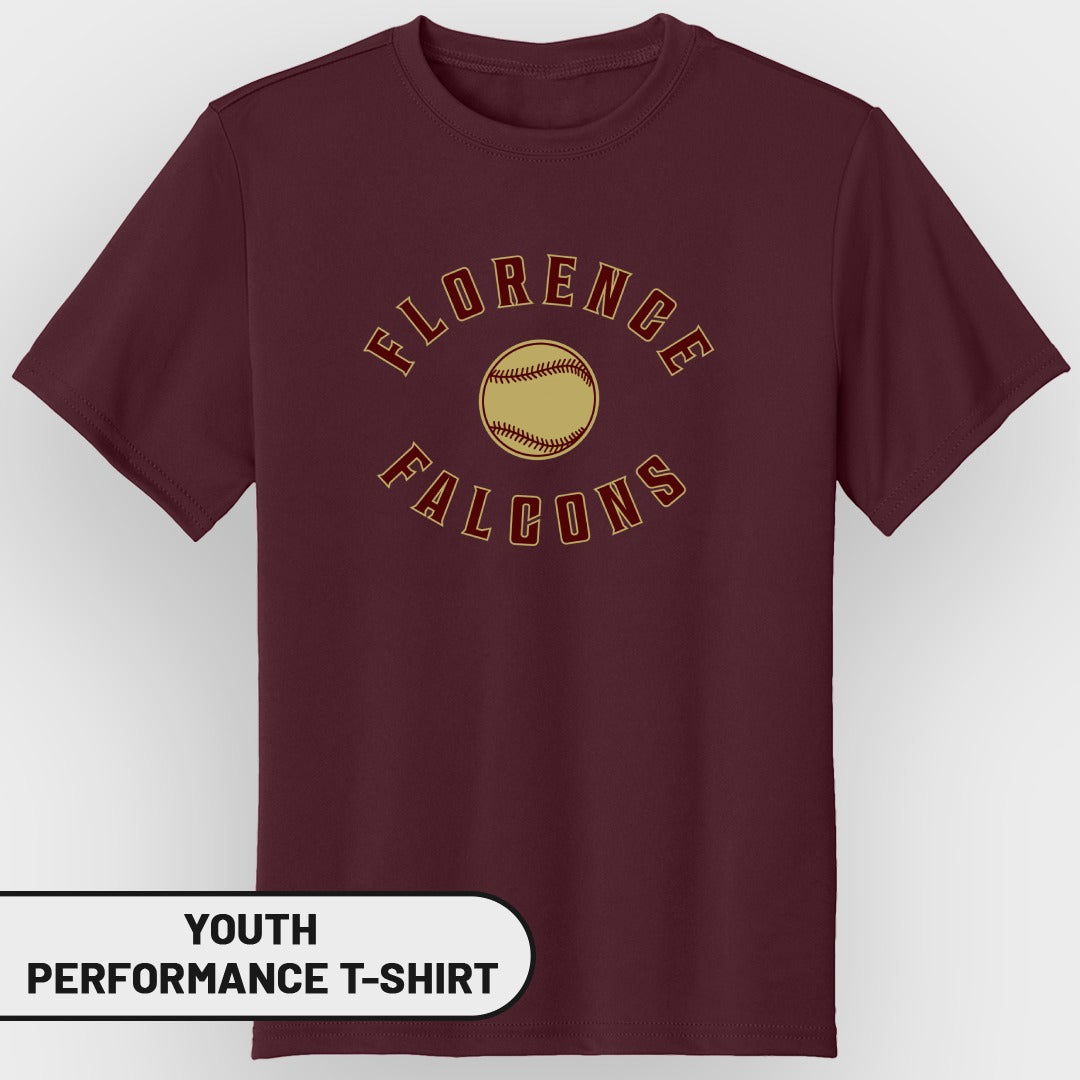 Youth performance t-shirt with "Florence Falcons" baseball graphic.
