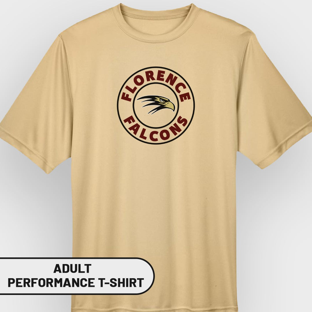 Tan adult performance t-shirt with Florence Falcons logo on chest.