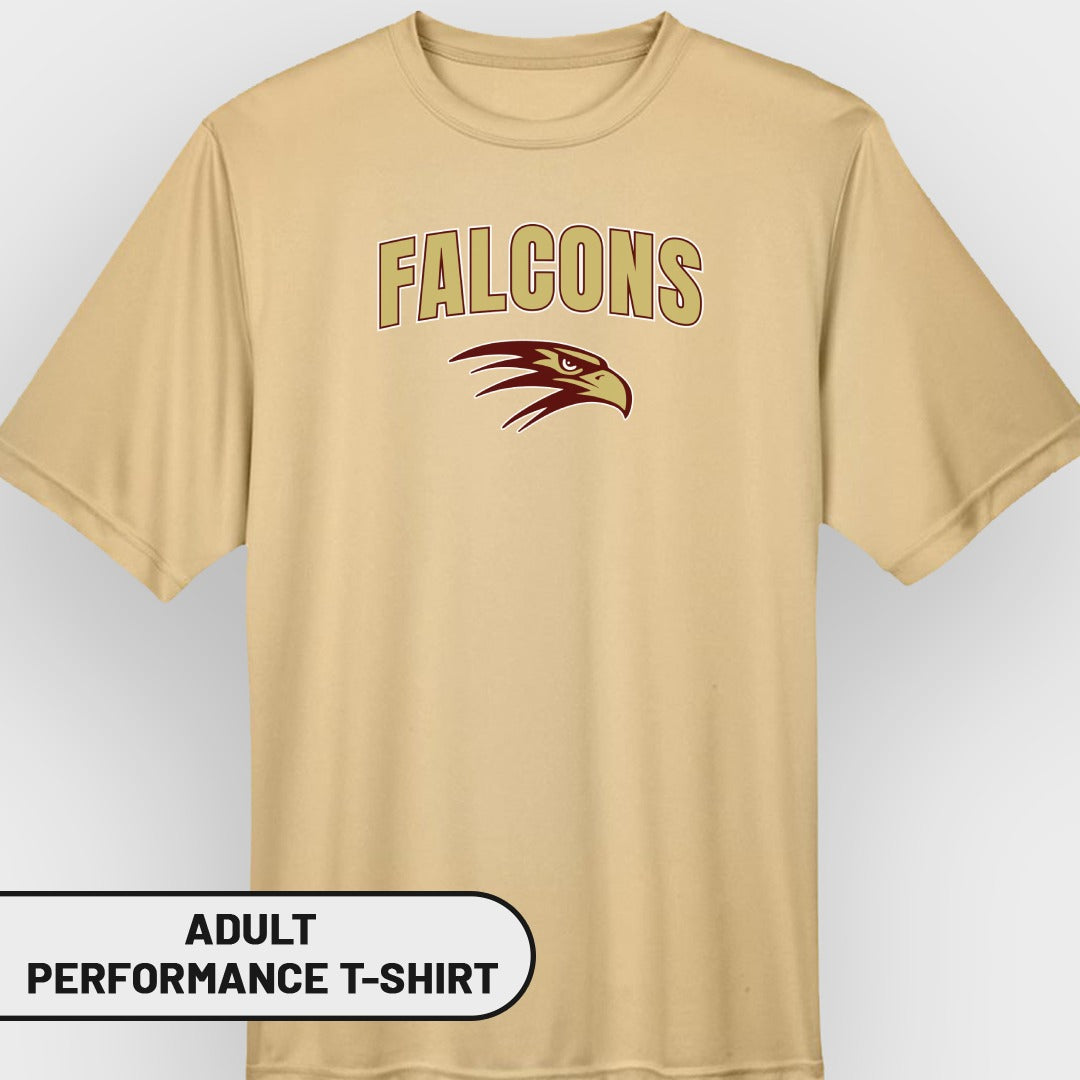 Tan adult performance t-shirt with maroon and gold "FALCONS" text and eagle logo.