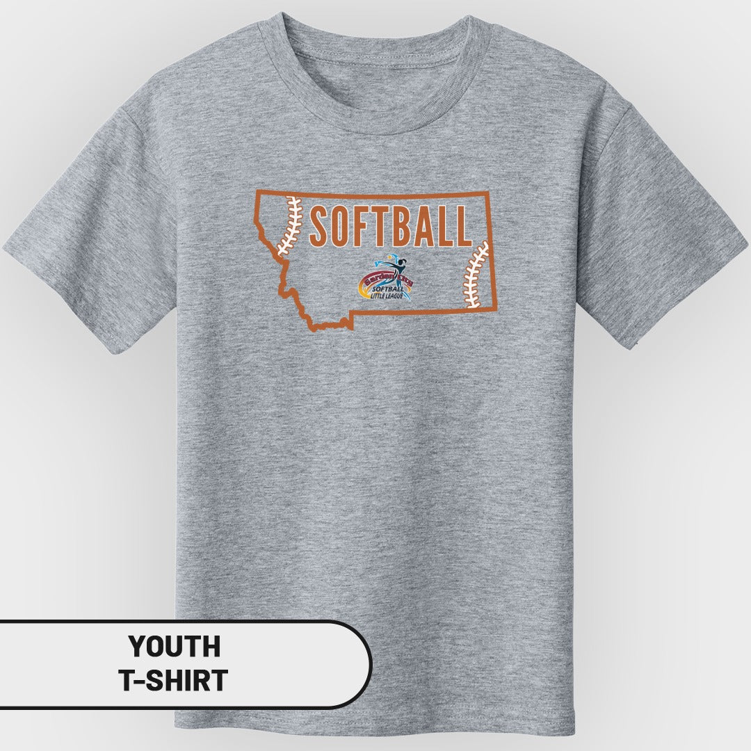 Grey youth t-shirt with Montana map outline, "SOFTBALL" text, and softball graphics.