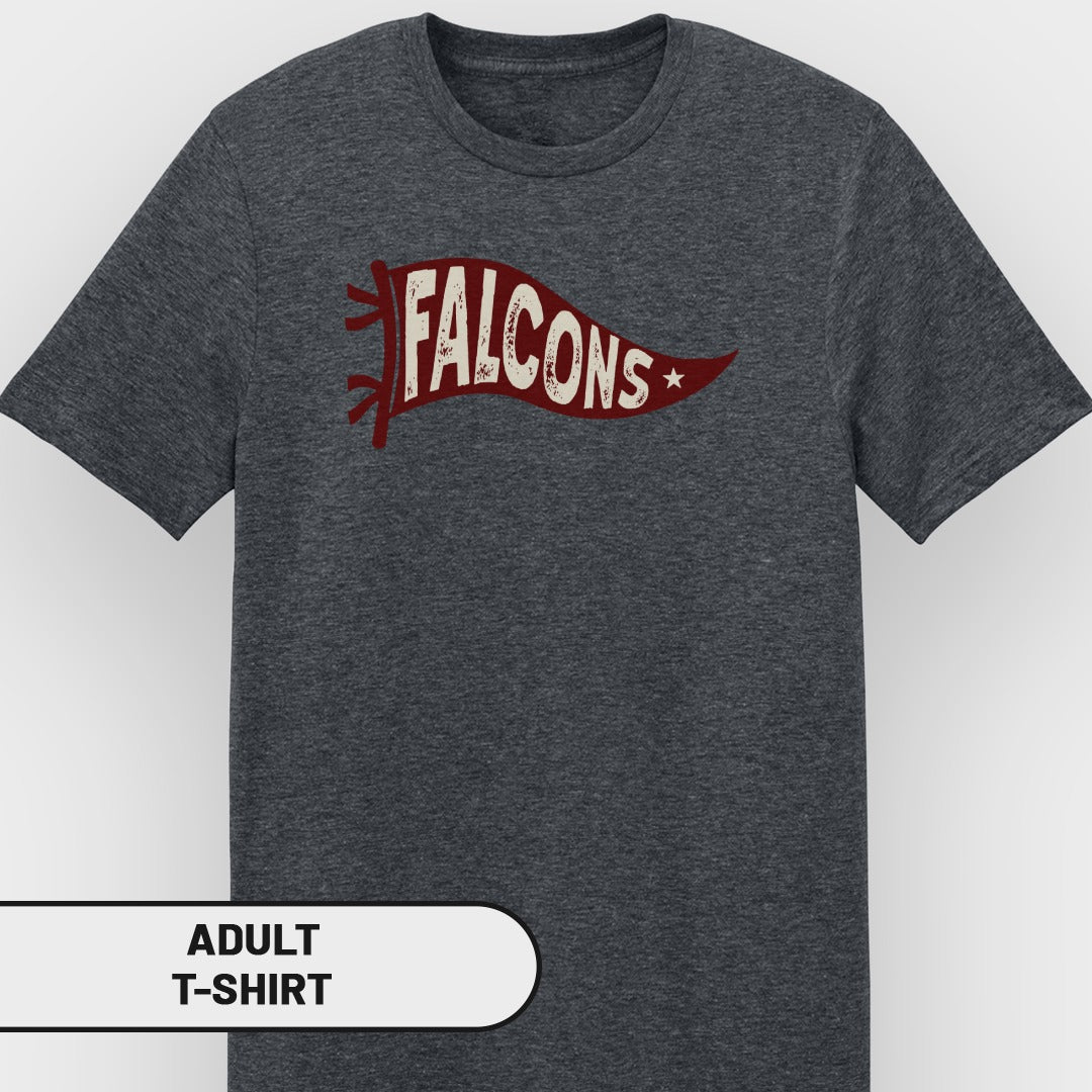 Dark grey adult t-shirt with a red distressed pennant graphic featuring the word "FALCONS" in off-white.