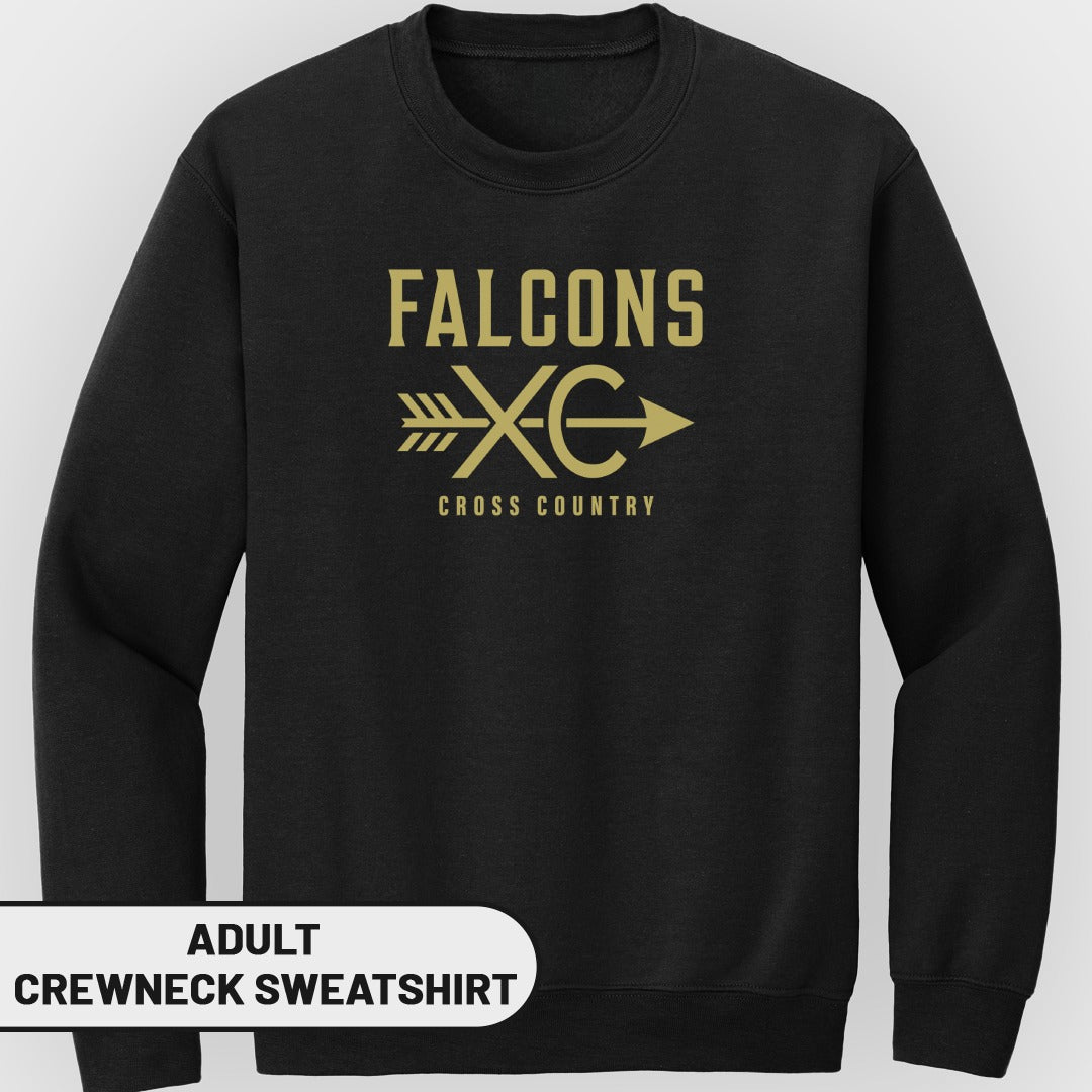Black adult crewneck sweatshirt with gold "FALCONS XC CROSS COUNTRY" graphic.