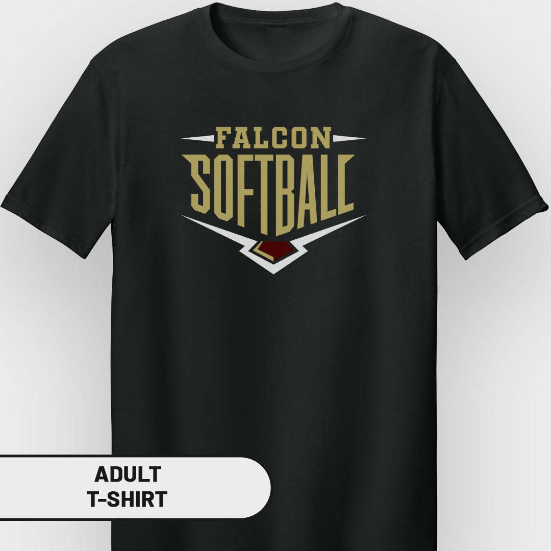 Black adult t-shirt with gold "FALCON SOFTBALL" graphic and maroon accent.
