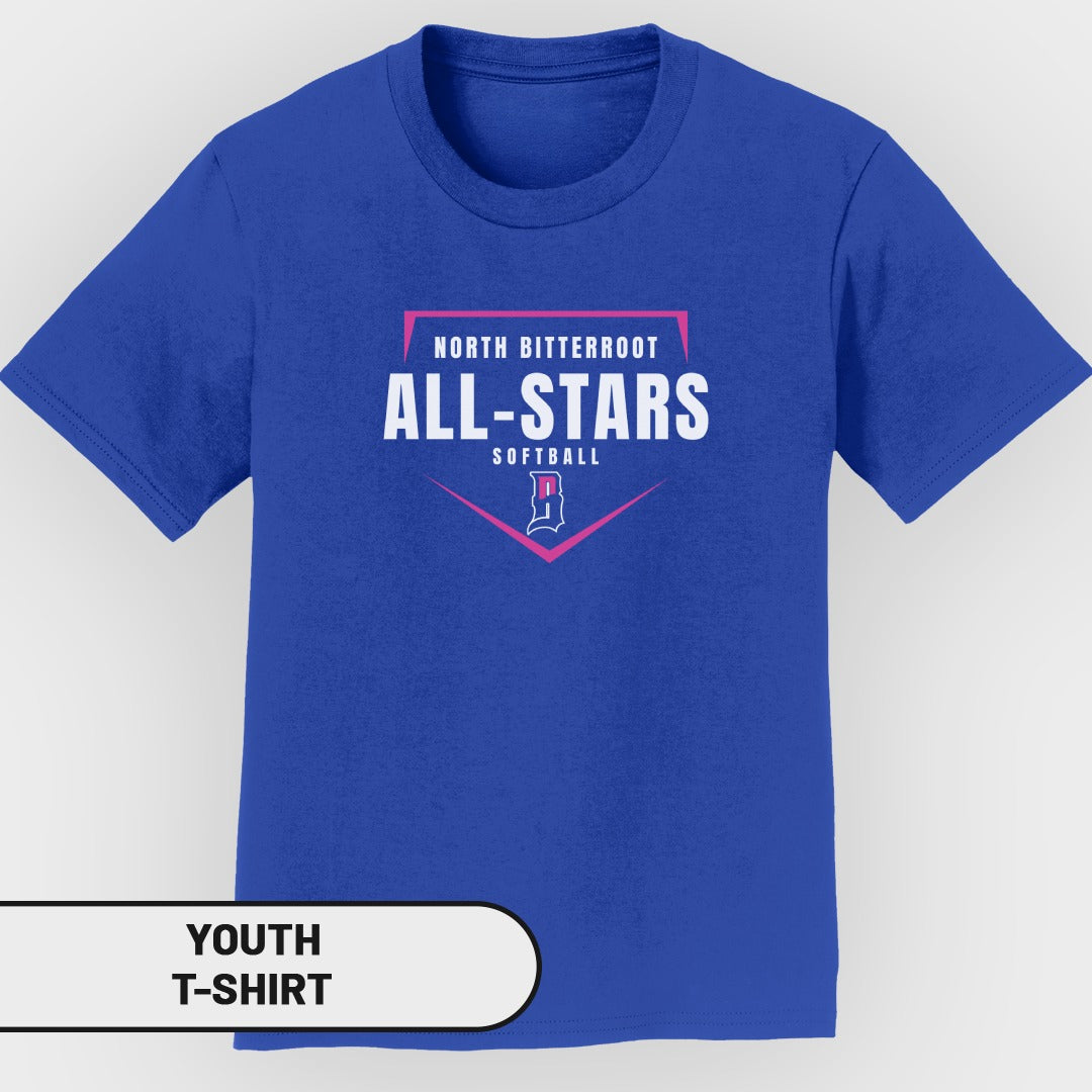 Youth North Bitterroot All-Stars softball t-shirt.