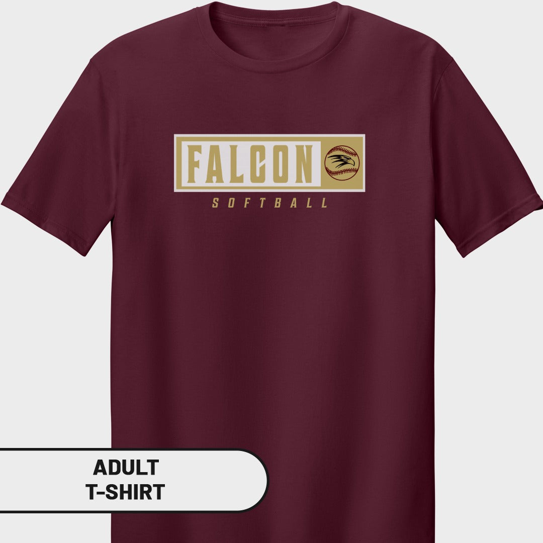 Maroon adult t-shirt with "FALCON SOFTBALL" text and baseball logo.