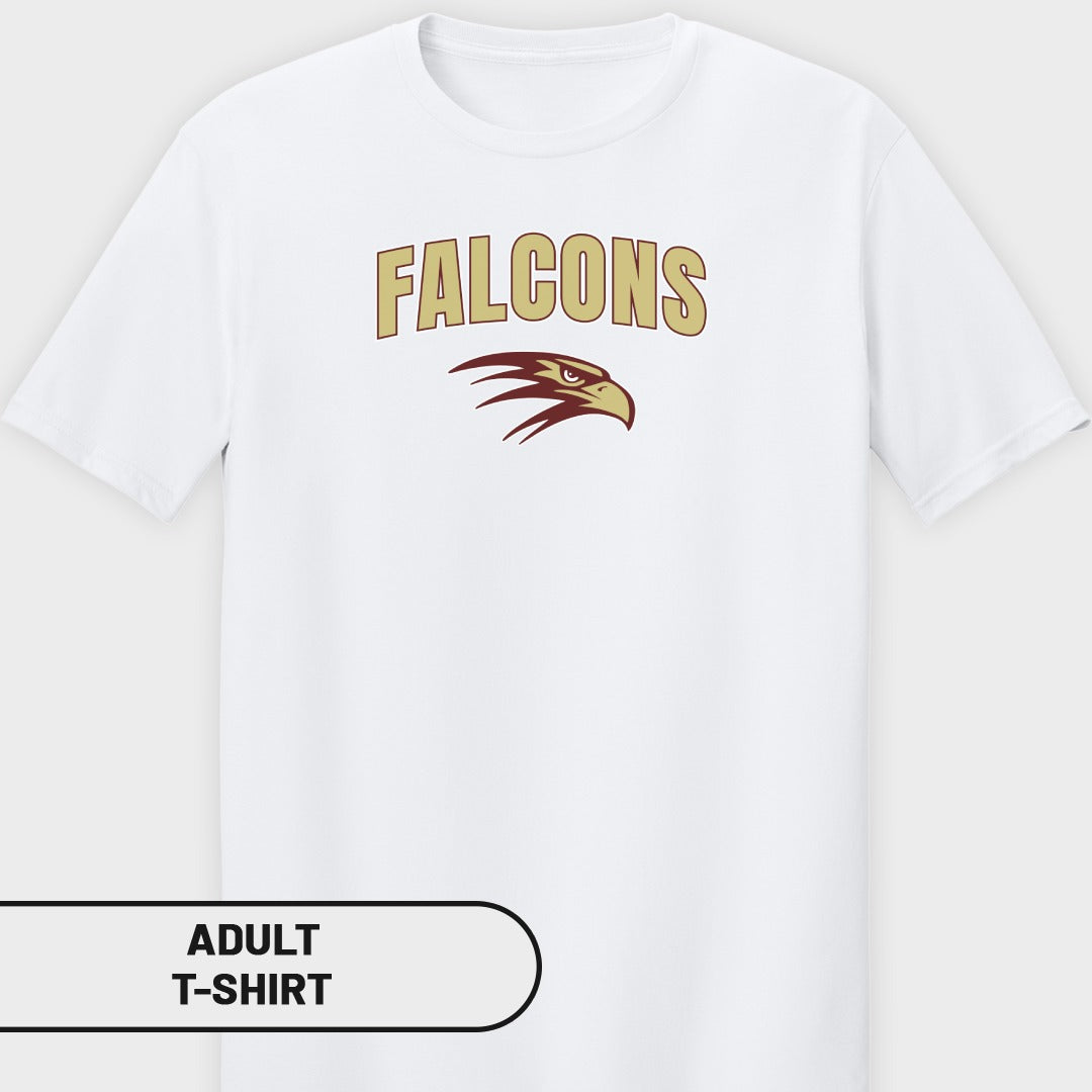 White adult t-shirt with gold "FALCONS" text and maroon falcon graphic.