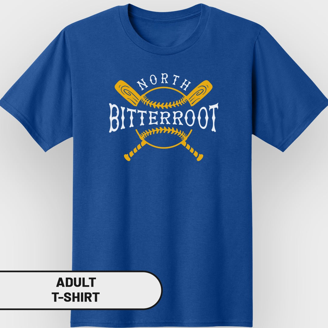 Blue adult t-shirt with "NORTH BITTERROOT" and crossed baseball bats.