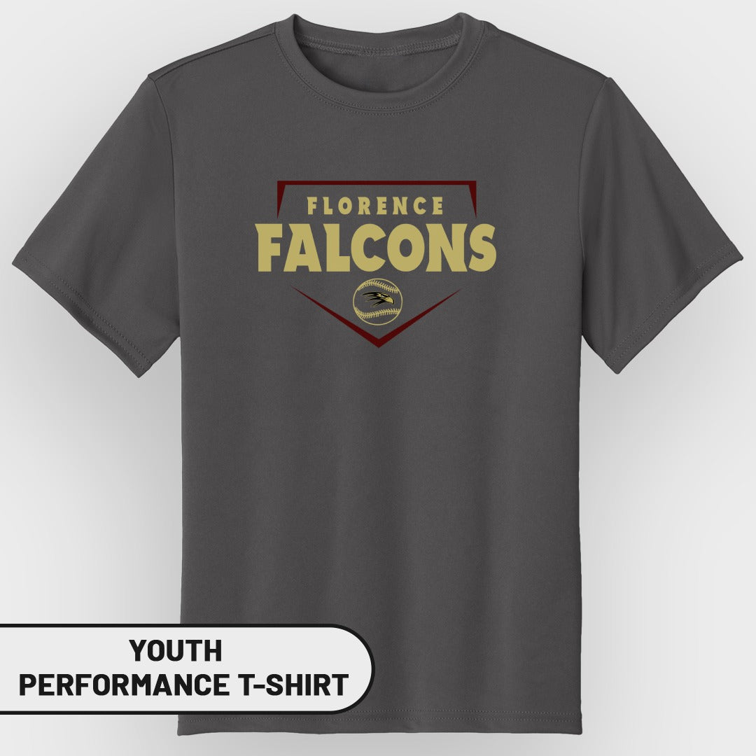 Dark gray youth performance t-shirt with "Florence Falcons" logo.
