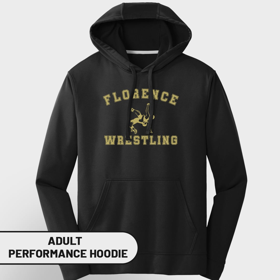 Black adult performance hoodie with "Florence Wrestling" and a wrestling graphic.