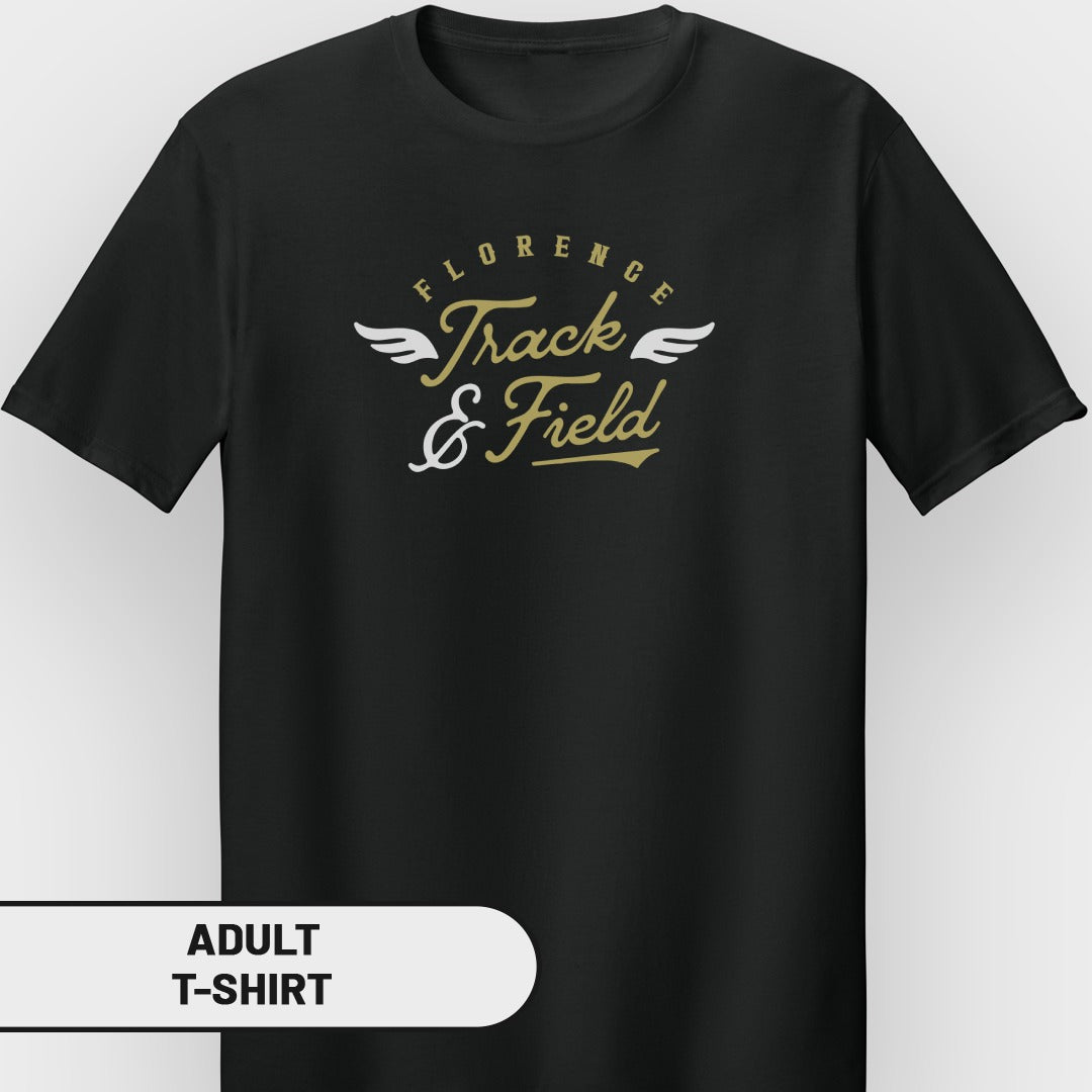 Black adult t-shirt with "Florence Track & Field" text and wings graphic.