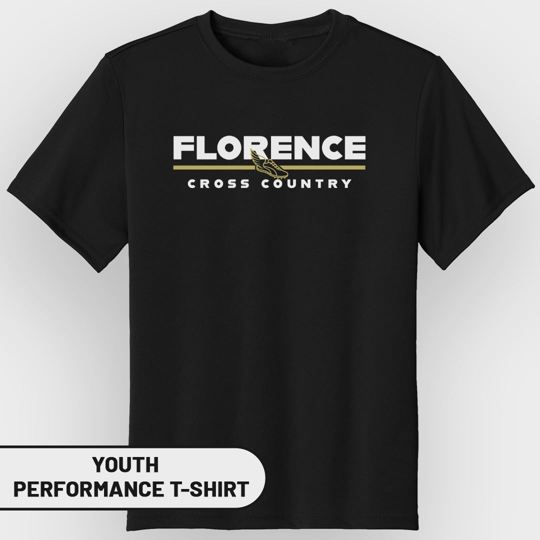 Black youth performance t-shirt with "FLORENCE CROSS COUNTRY" text and winged shoe graphic.