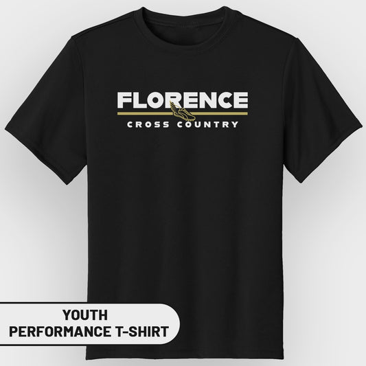 Black youth performance t-shirt with "FLORENCE CROSS COUNTRY" text and winged shoe graphic.