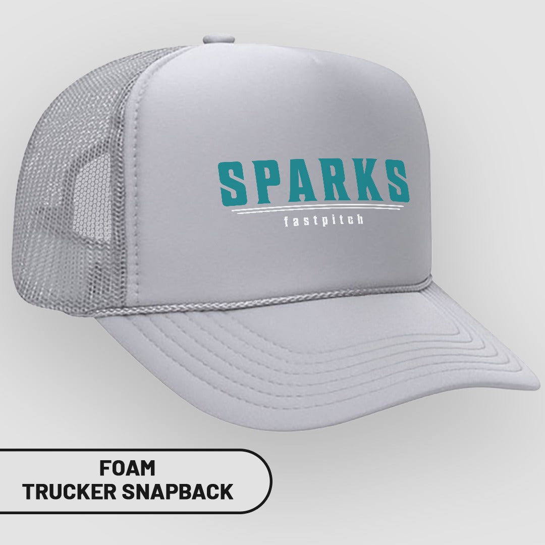 Gray foam trucker snapback hat with "SPARKS fastpitch" text.