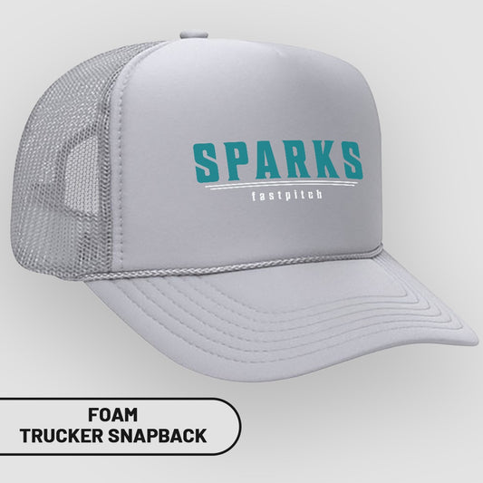 Gray foam trucker snapback hat with "SPARKS fastpitch" text.