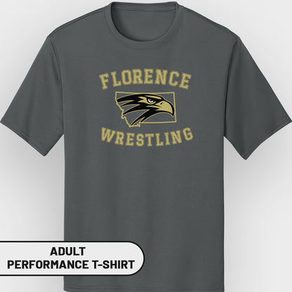 Grey adult performance t-shirt with Florence Wrestling eagle logo.