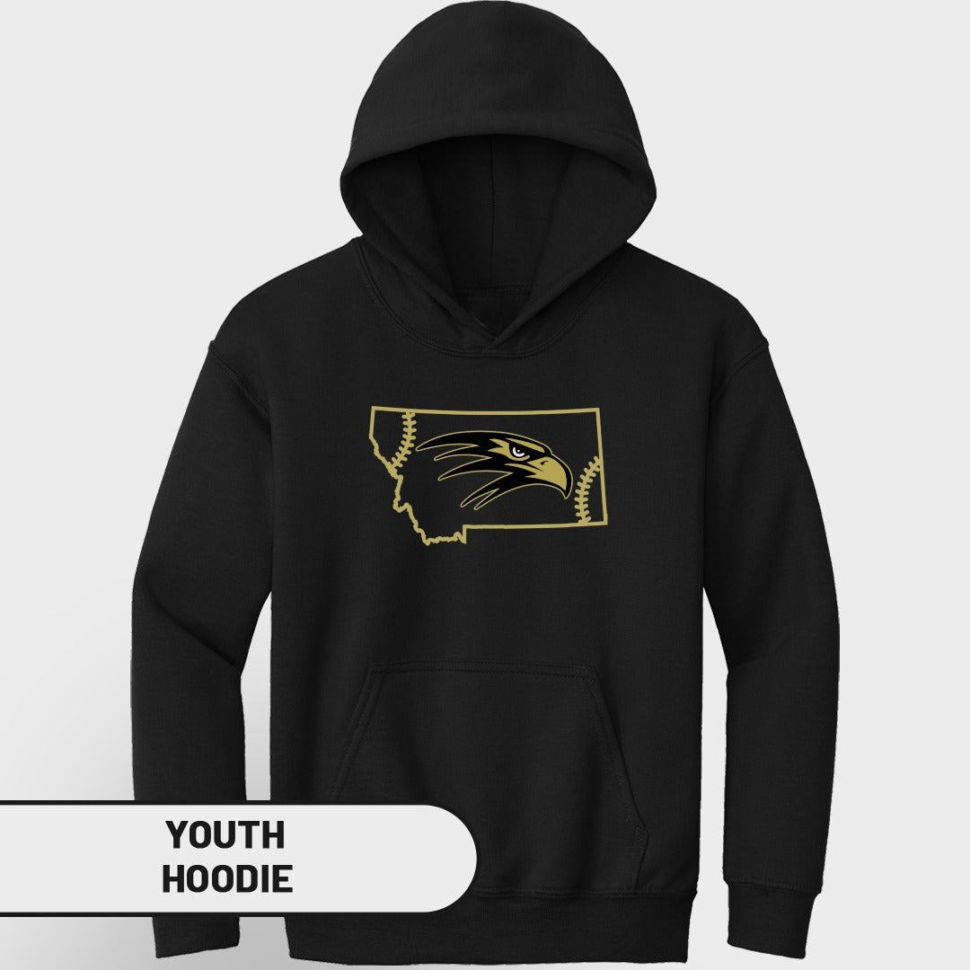 Black youth hoodie with gold Montana state outline and eagle graphic.