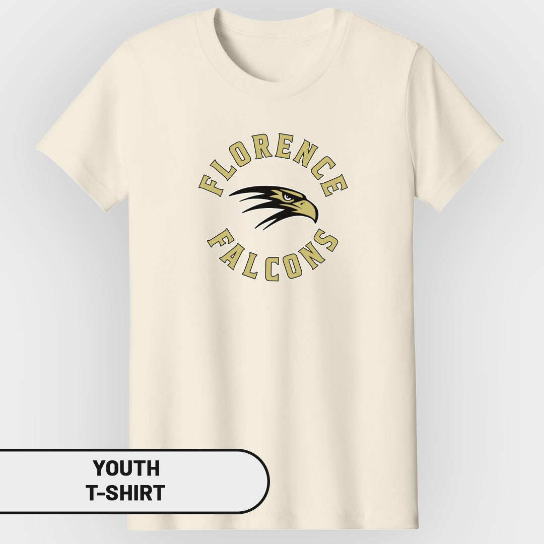 Cream youth t-shirt with "Florence Falcons" text and a falcon head graphic.