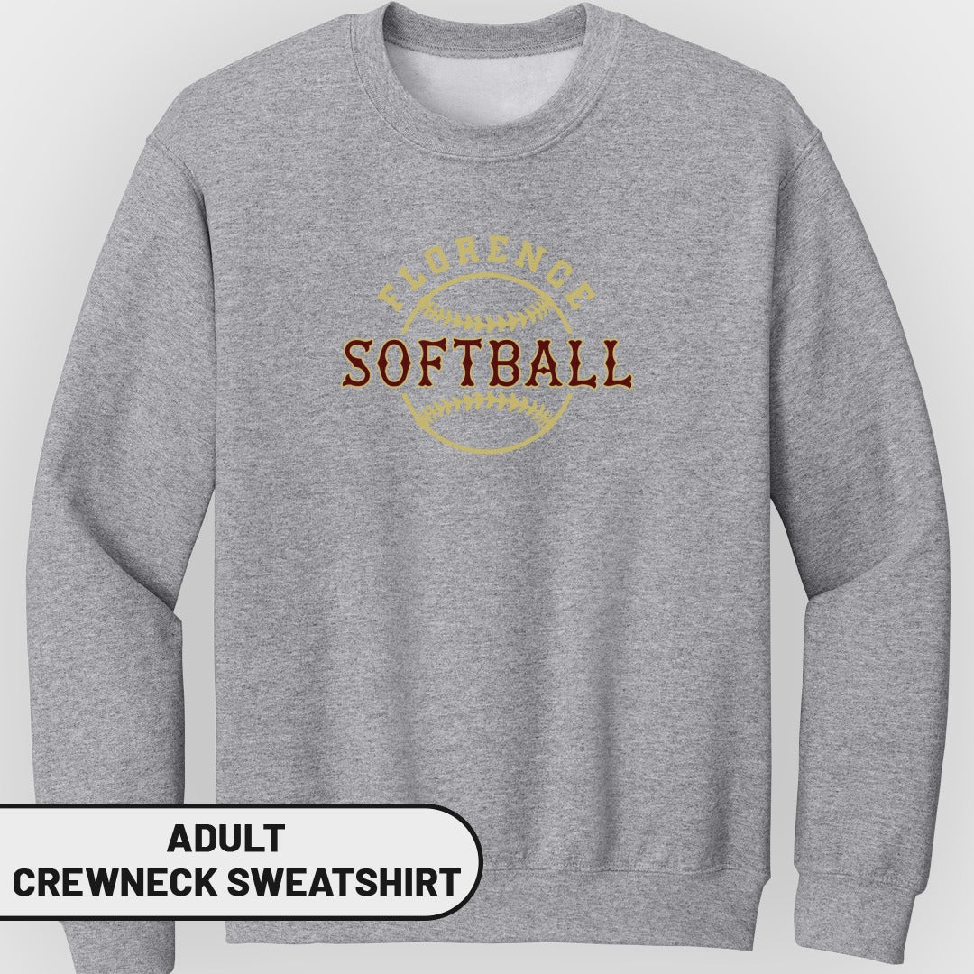 Adult gray crewneck sweatshirt with "Florence Softball" text and baseball graphic.