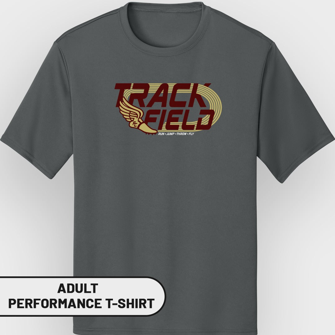Dark grey adult performance t-shirt with "Track & Field" graphic.