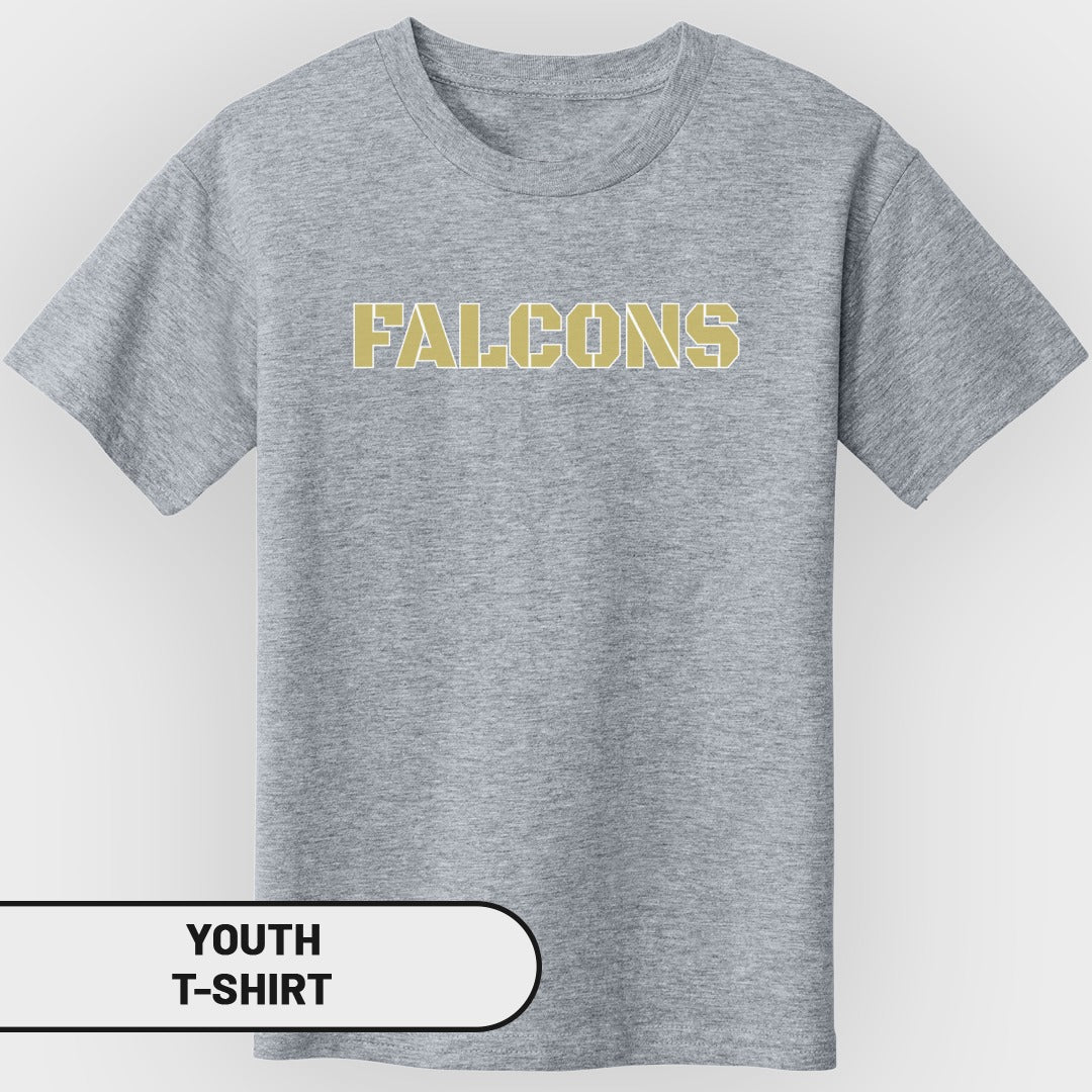 Grey youth t-shirt with "FALCONS" text in gold block letters.