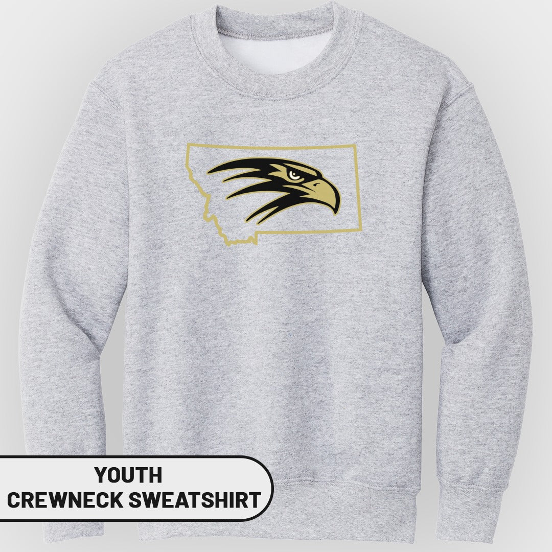 Youth grey crewneck sweatshirt with Montana outline and a gold and black eagle head logo.