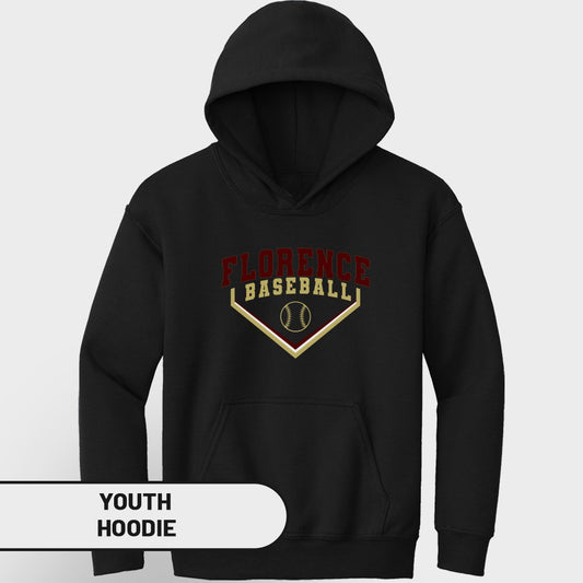 Black youth hoodie with "Florence Baseball" text and a baseball graphic.