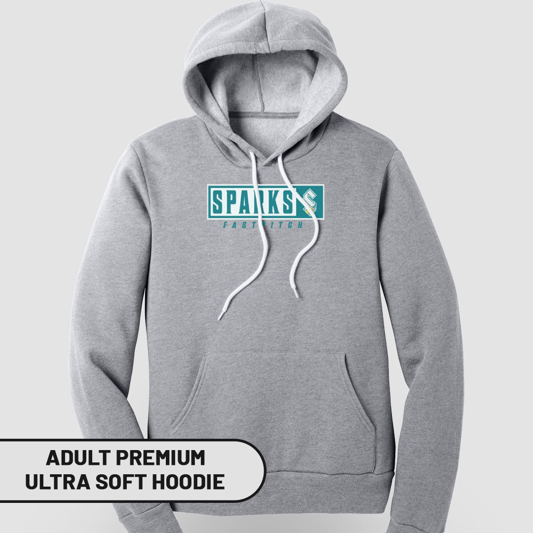 Gray adult premium ultra soft hoodie with Sparks logo.
