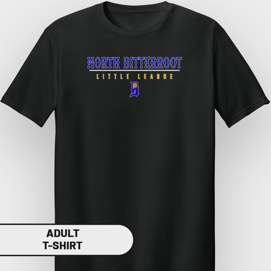 Black adult t-shirt with "NORTH BITTERROOT LITTLE LEAGUE" and logo.