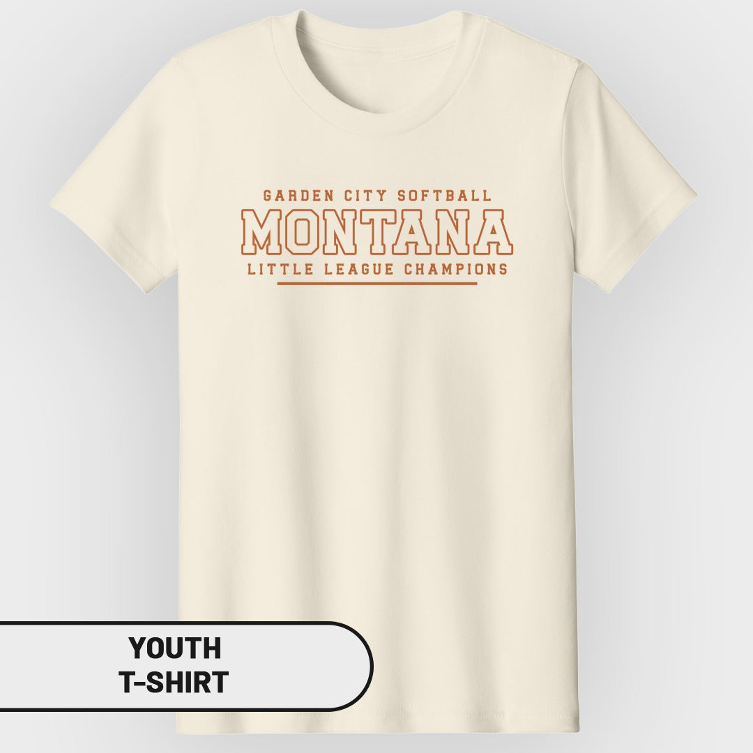 Cream youth t-shirt with "GARDEN CITY SOFTBALL MONTANA LITTLE LEAGUE CHAMPIONS" text.