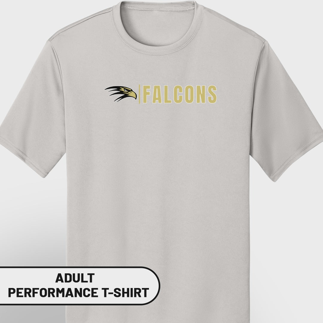 Light gray adult performance t-shirt with gold "FALCONS" text and falcon logo.