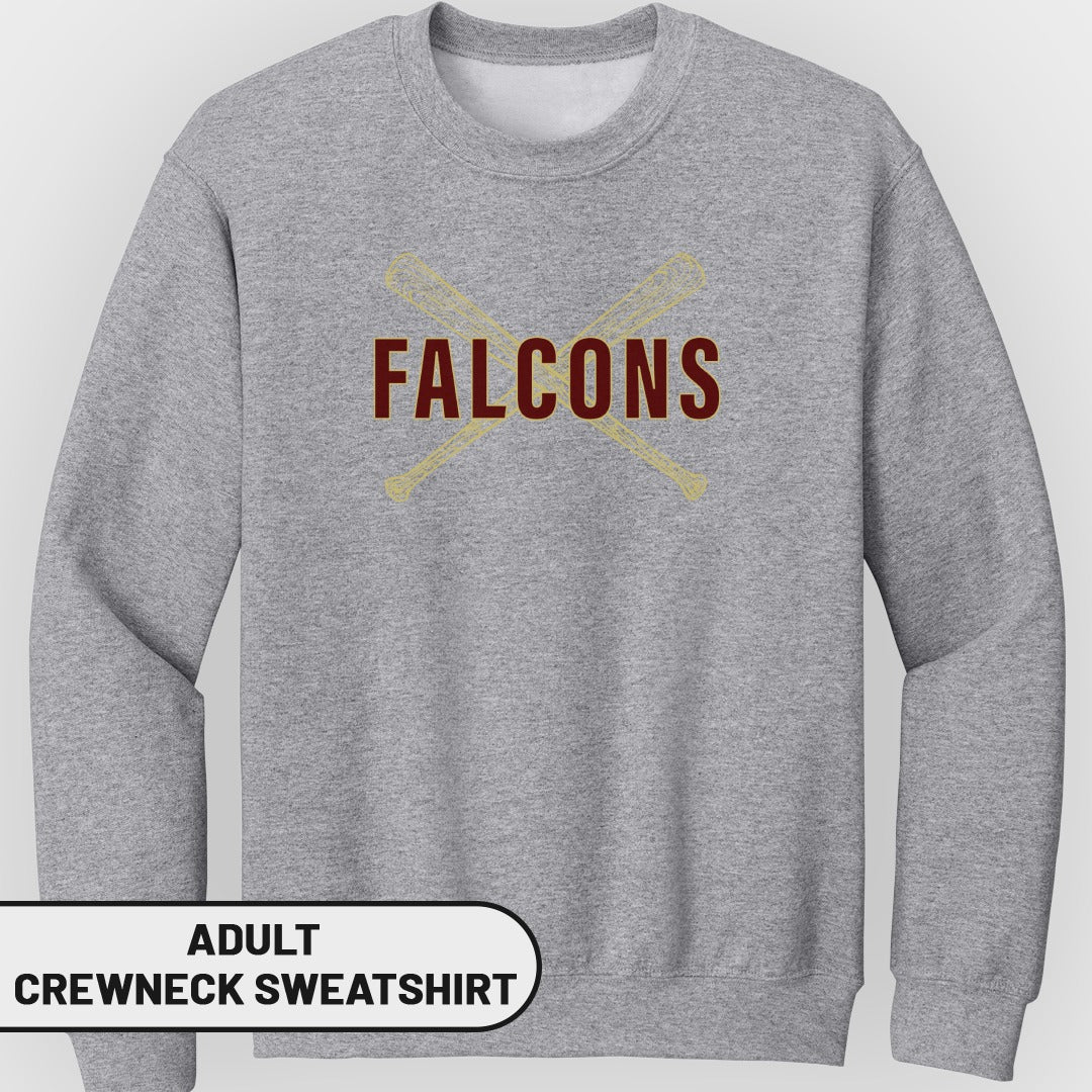 Grey adult crewneck sweatshirt with crossed baseball bats and "FALCONS" text.