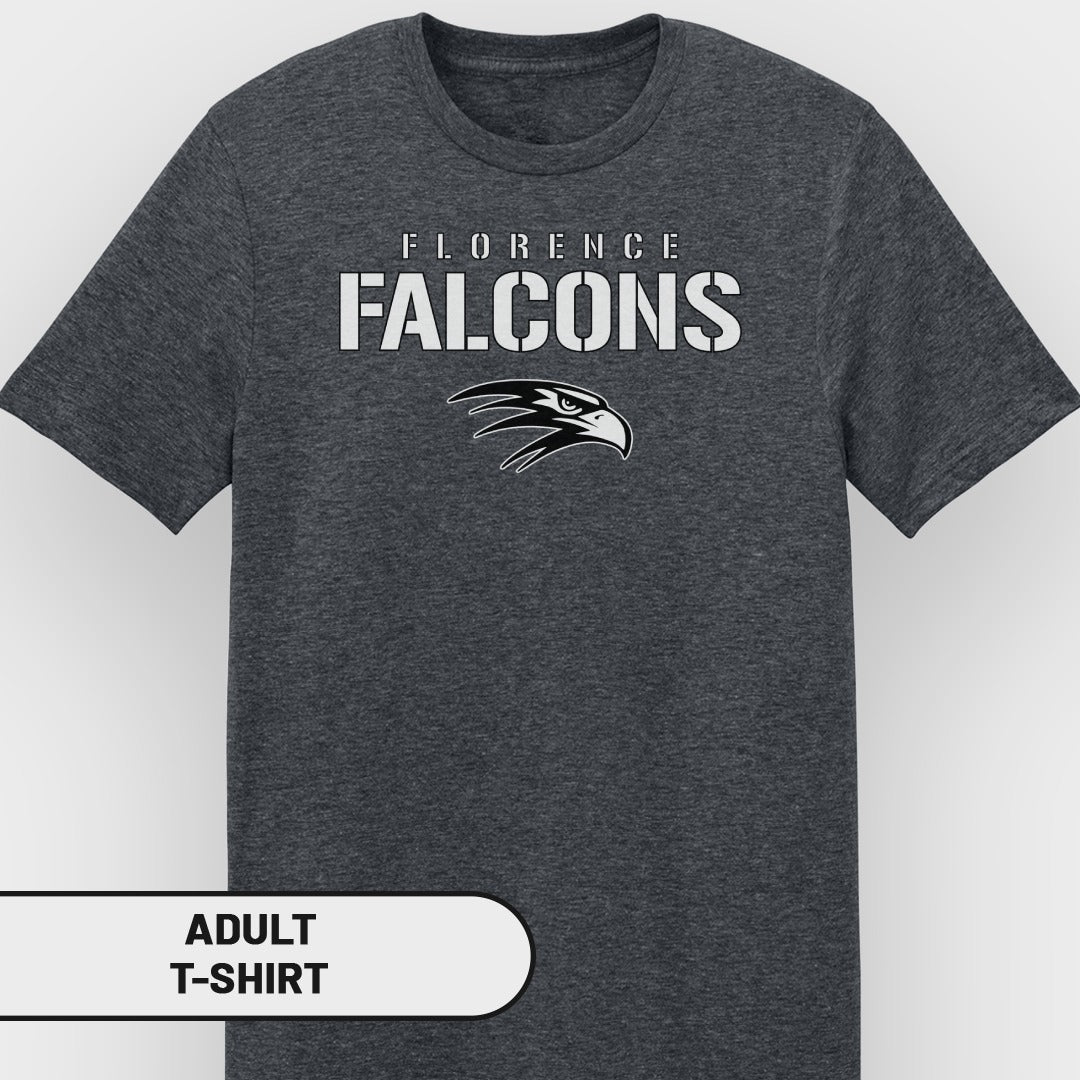Adult t-shirt with "Florence Falcons" text and a falcon mascot logo.