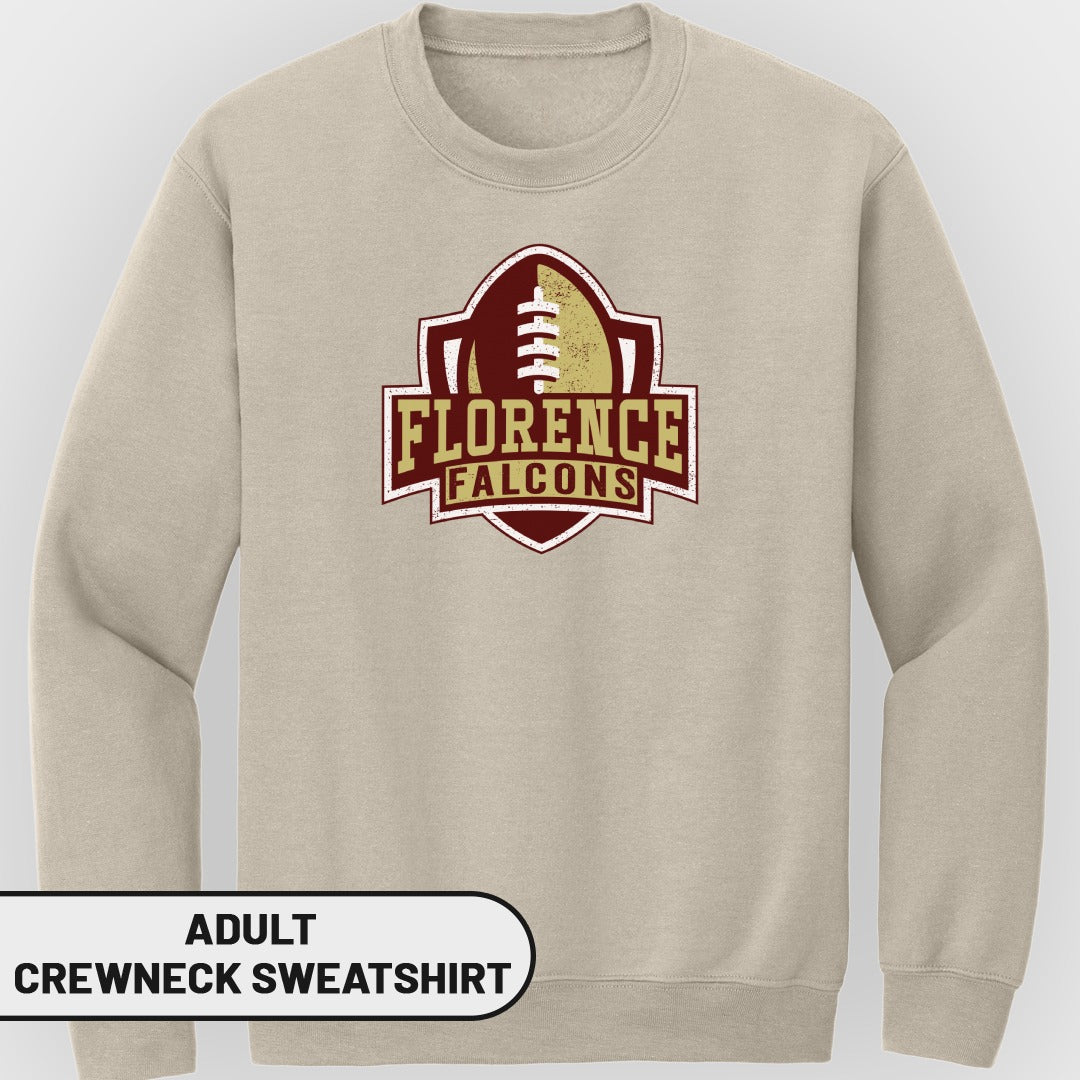 Adult crewneck sweatshirt with Florence Falcons football logo.