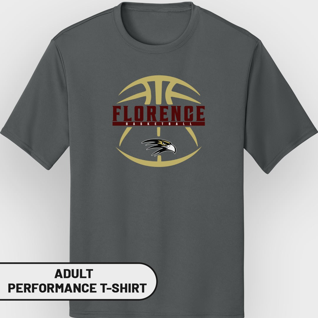 Grey adult performance t-shirt with Florence basketball logo and eagle graphic.