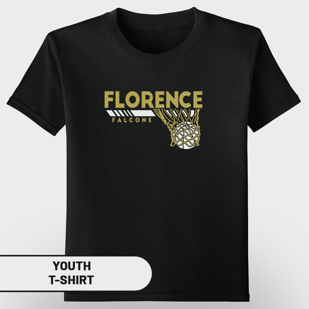 Black youth t-shirt with "Florence Falcons" text and basketball in net graphic.