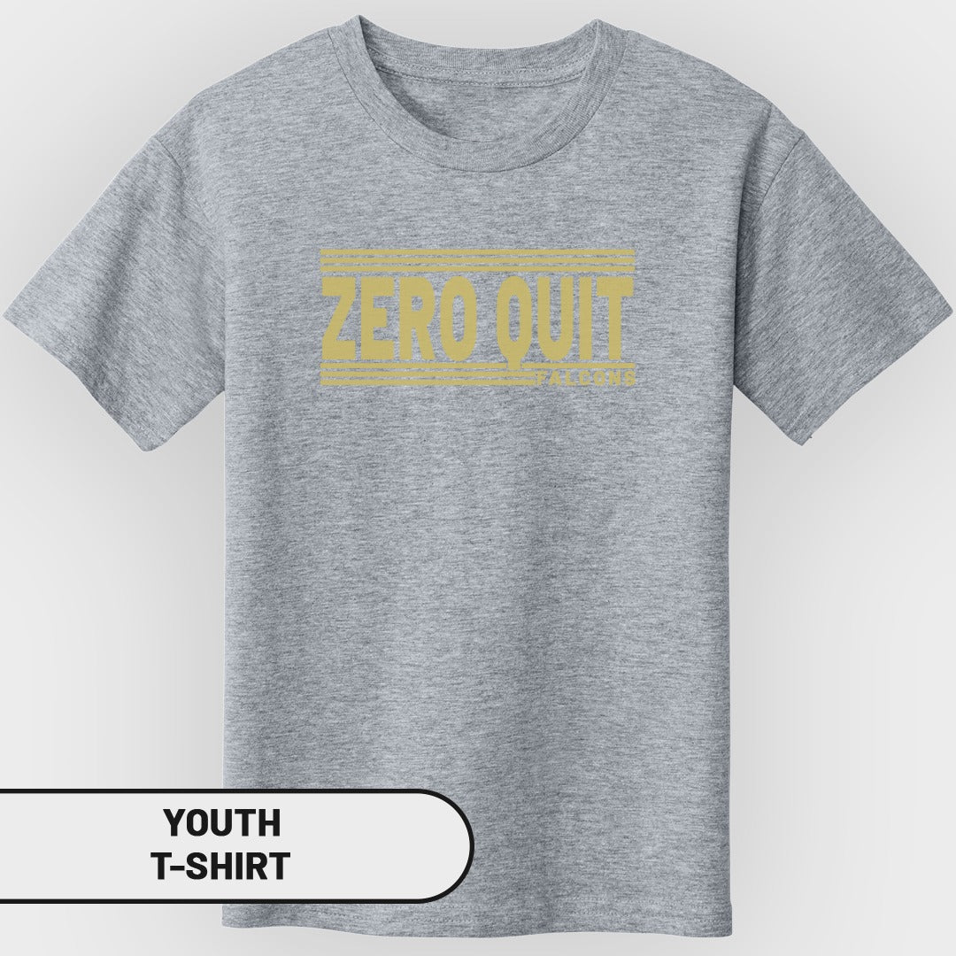 Youth grey t-shirt with yellow "ZERO QUIT" text and a smaller text below.
