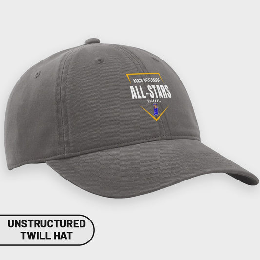 Gray unstructured twill hat with "North Bitterroot All-Stars Baseball" logo.